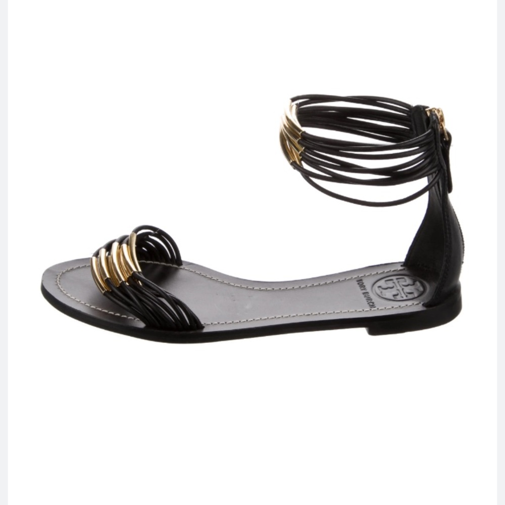 ⚡️🖤 Stunning Tory Burch black and gold leather sandals 🖤⚡️